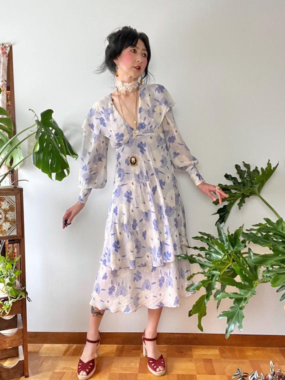 Cacharel, 1970s Does 30s Cacharel Lavender Floral Rayon Crepe Capelet Dress |XS-S| Bishop Sleeves Bias cut Sheer Tea Gown Boho Romantic Made in France