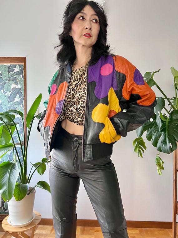 1980s Leather Patchwork Daisy Bomber Jacket |XS-M… - image 15
