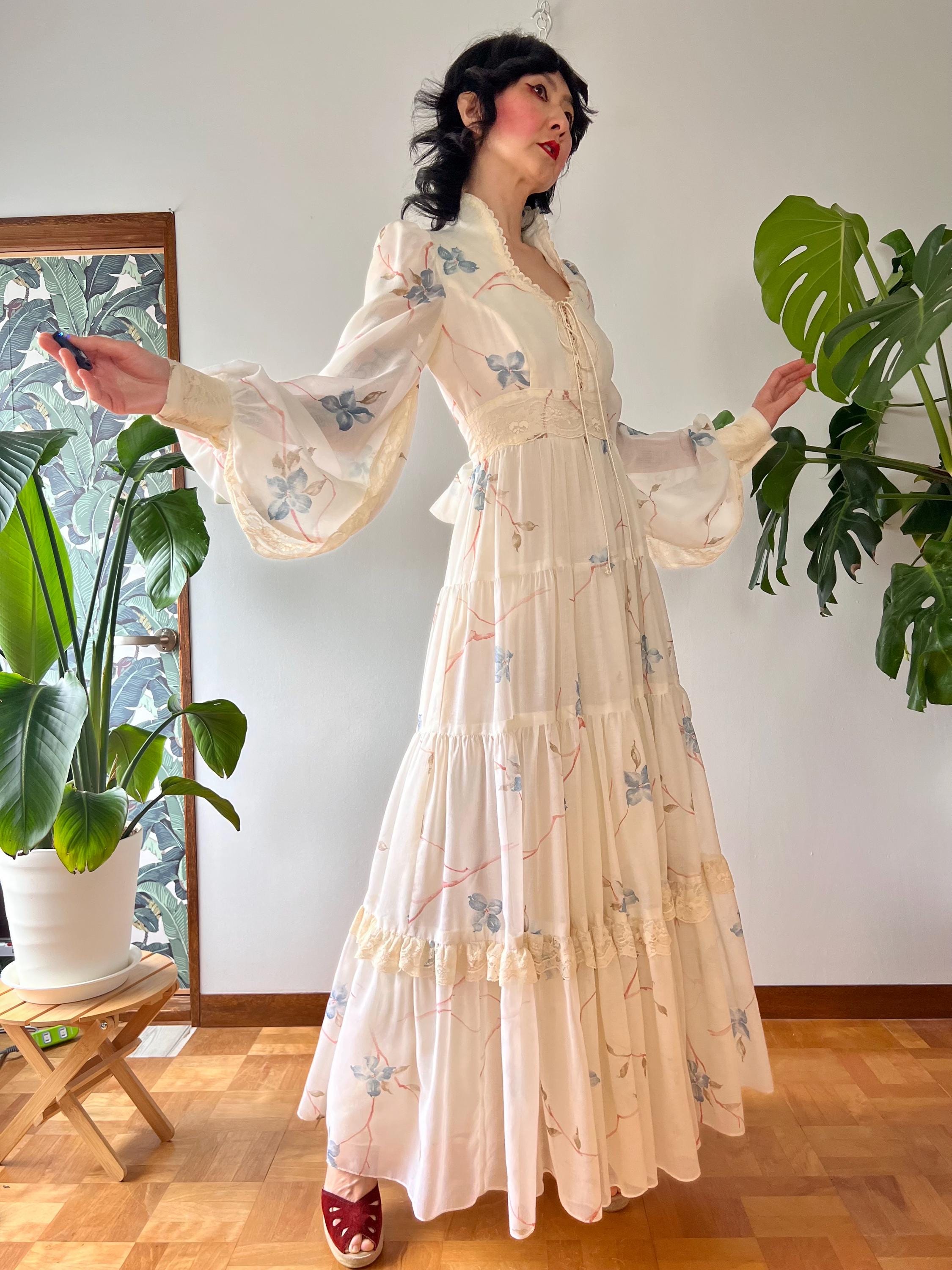 RARE 1970s Gunne Sax Dogwood Balloon Sleeve Lace up Corset Prairie Maxi ...