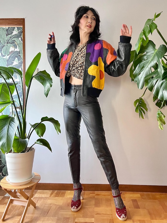 1980s Leather Patchwork Daisy Bomber Jacket |XS-M… - image 14