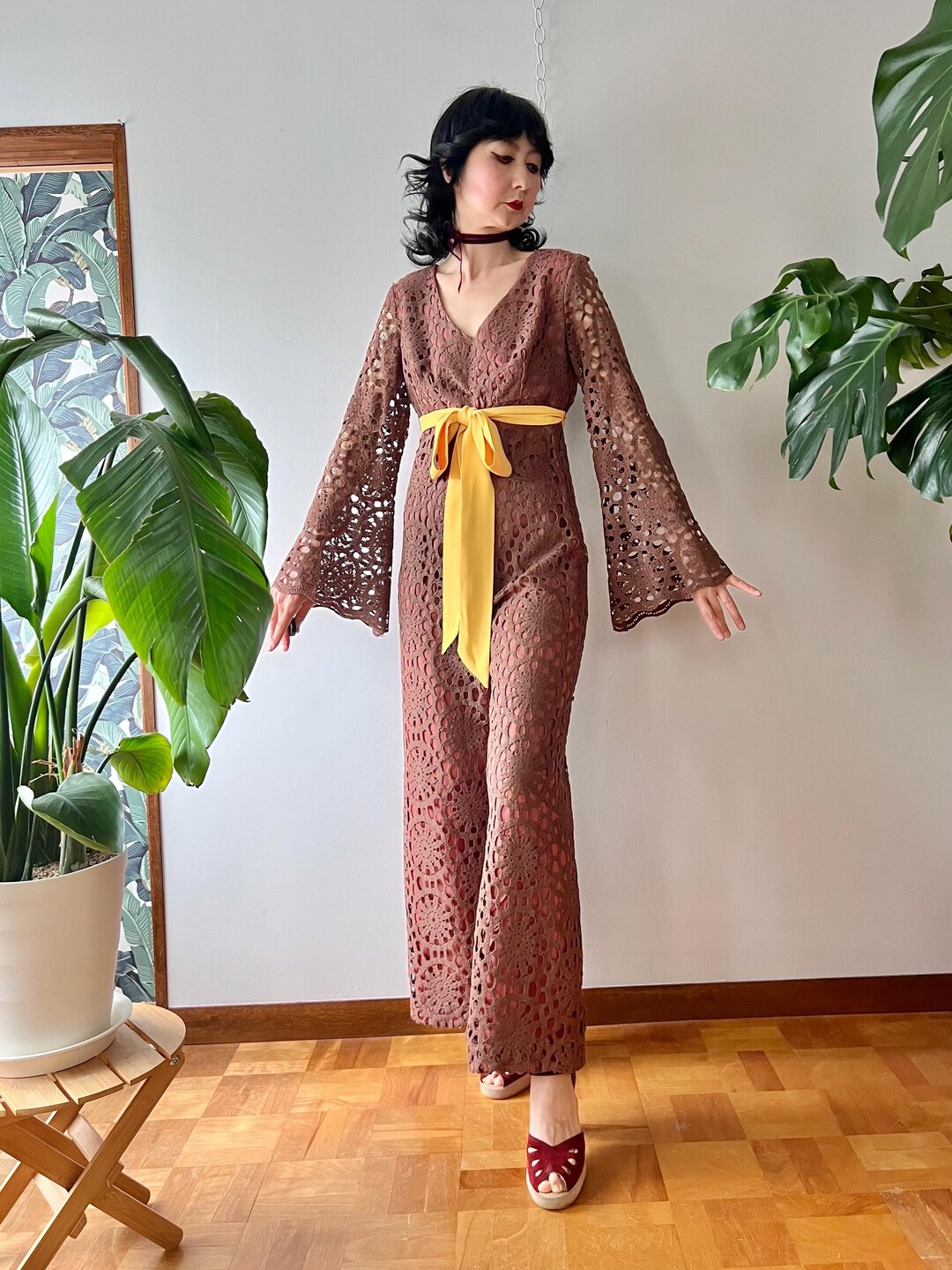 1960s Joy Stevens California Crochet Lace Bell Sleeve Wide Leg Jumpsuit ...