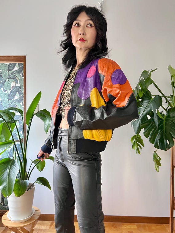 1980s Leather Patchwork Daisy Bomber Jacket |XS-M… - image 6