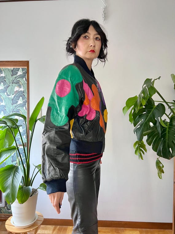 1980s Leather Patchwork Daisy Bomber Jacket |XS-M… - image 7
