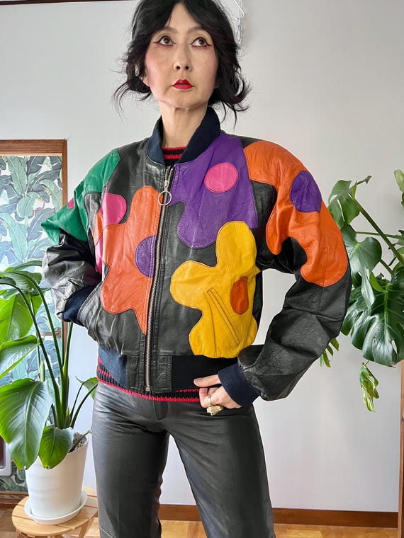 1980s Leather Patchwork Daisy Bomber Jacket |XS-M… - image 11