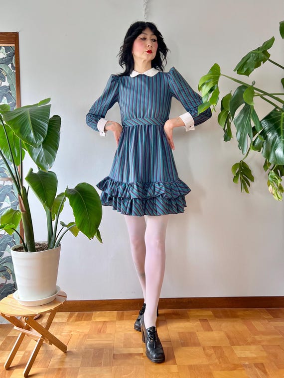 Saint Laurent, 1960s 70s Yves Saint Laurent Paris New York Mod Babydoll Pinstripe Mini Dress |XS| Prairie Mini Dress
