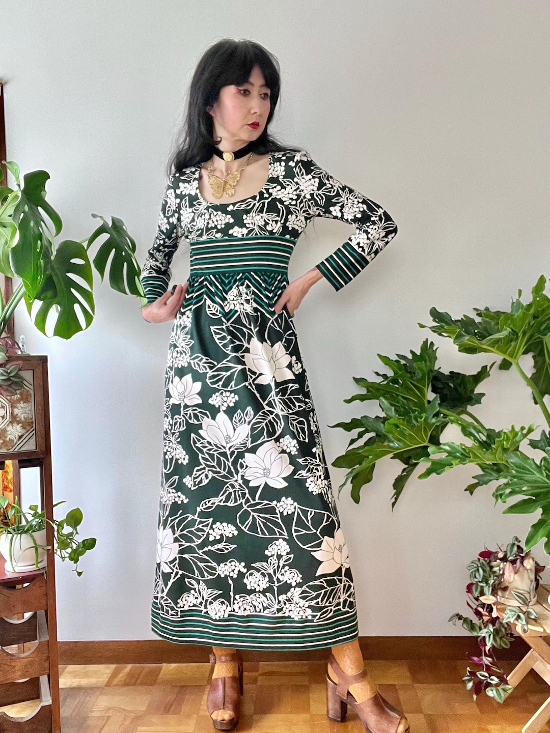 1960s 70s Lanvin Paris Floral Jersey Knit Empire Waist Maxi Dress