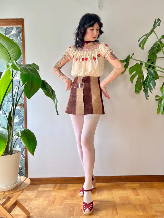 1960s Mod Suede Patchwork Colorblock Mini Skirt W… - image 3