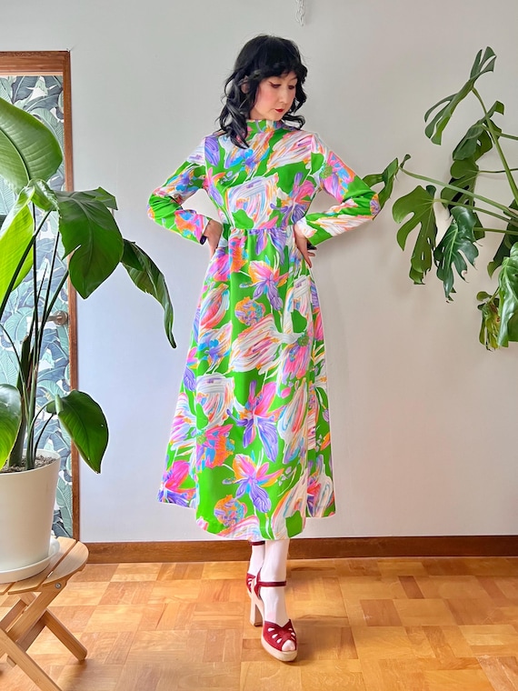 acid bloom midi dress 1970s Concept 70s Swirl Psychedelic Floral Maxi Dress | XS-M