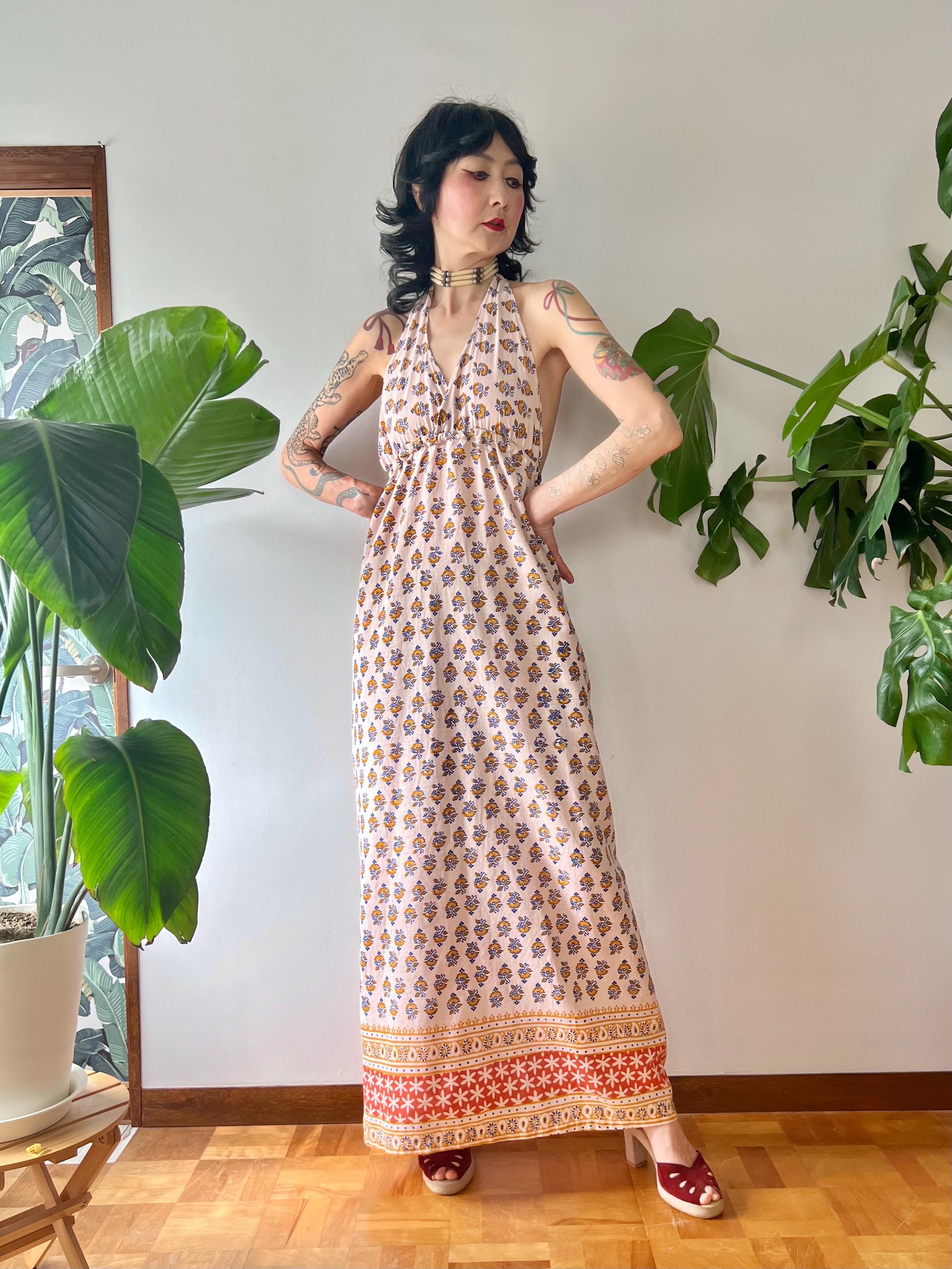 1970s Indian Block Print Cotton Halter Maxi Dress |S-L| Vintage