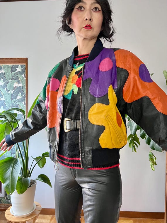 1980s Leather Patchwork Daisy Bomber Jacket |XS-M… - image 9
