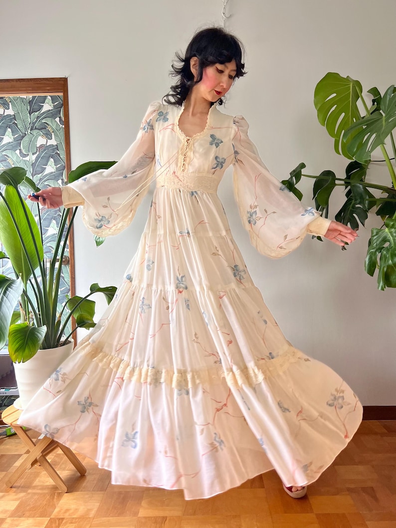 RARE 1970s Gunne Sax Dogwood Balloon Sleeve Lace up Corset Prairie Maxi ...