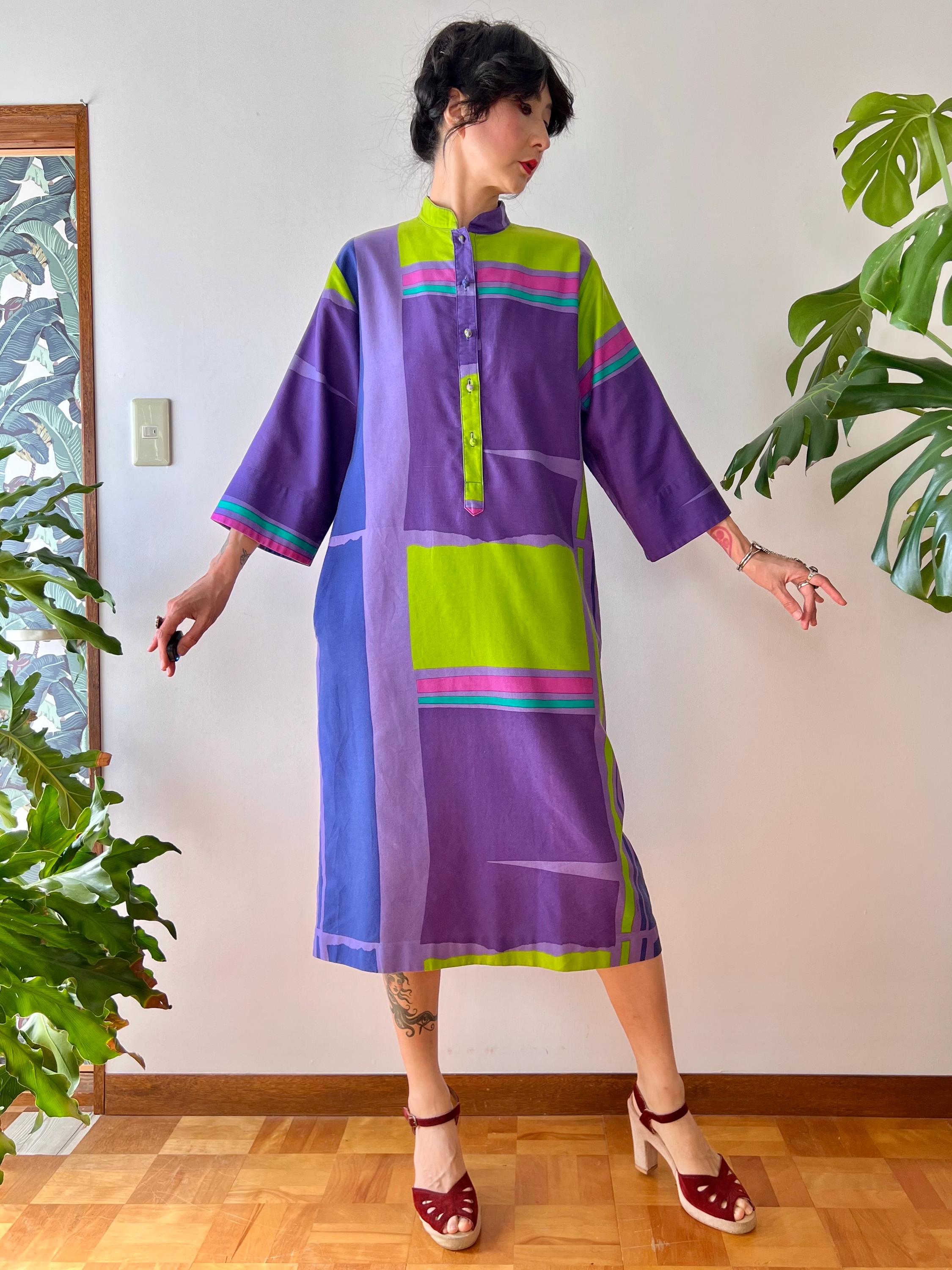 1970s Catherine Ogust Color Block Caftan Dress |S/M| Mod Geometric Graphic Print Cotton Tunic | Bauhaus Style Modernist Boho Minimalist