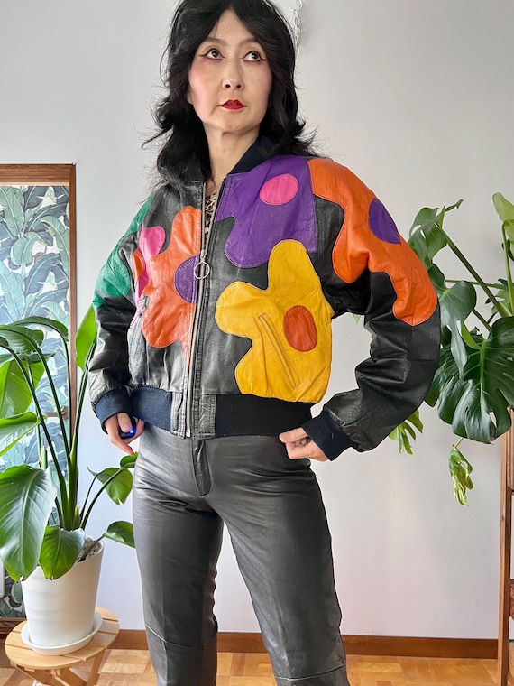 1980s Leather Patchwork Daisy Bomber Jacket |XS-M… - image 13