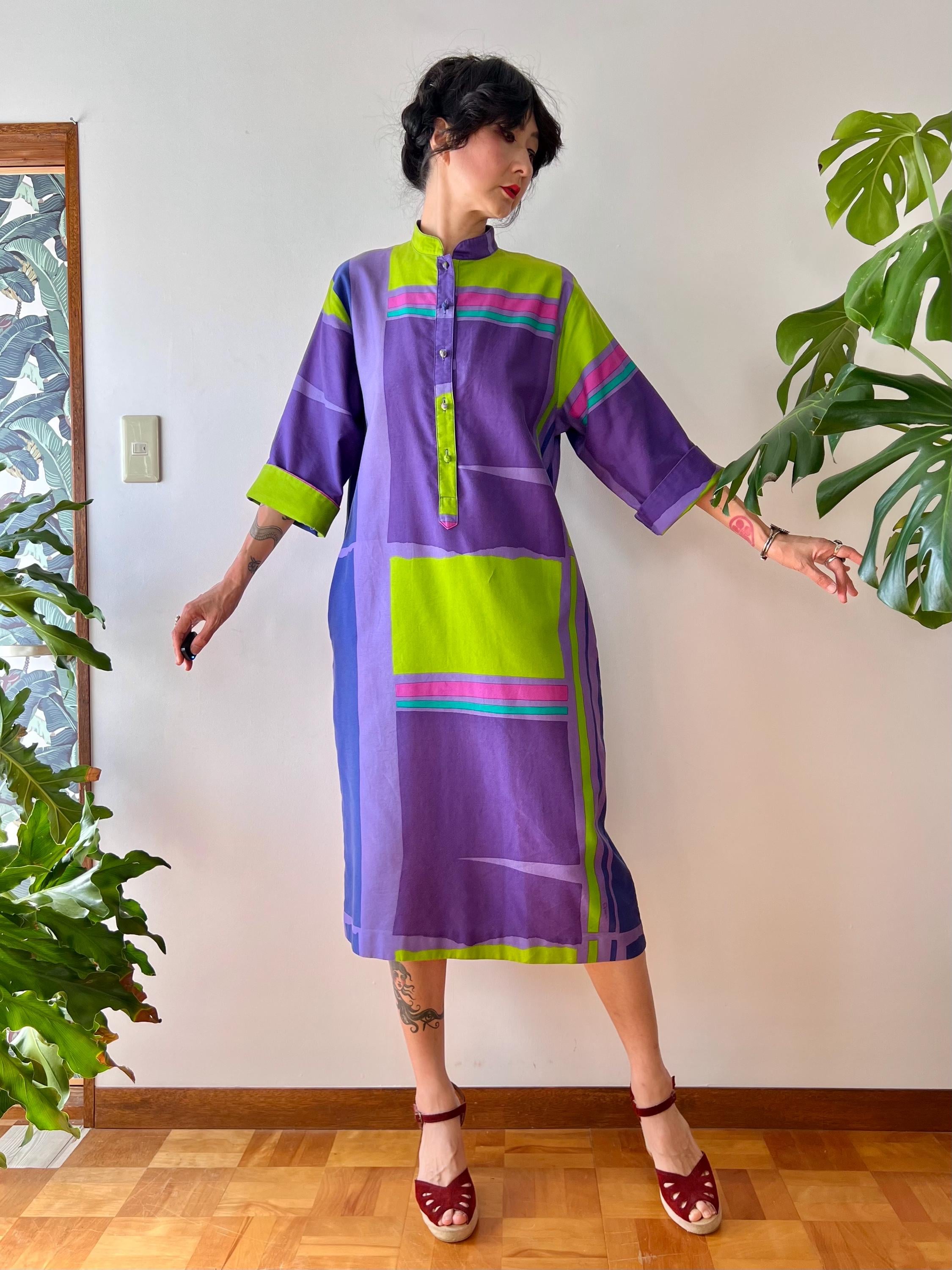 【toni Dress】 70s カラーシャツ 1970s Catherine Ogust Color Block Caftan Dress |S/M| Mod Geometric