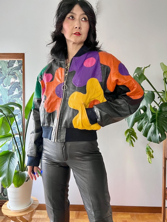 1980s Leather Patchwork Daisy Bomber Jacket |XS-M… - image 3