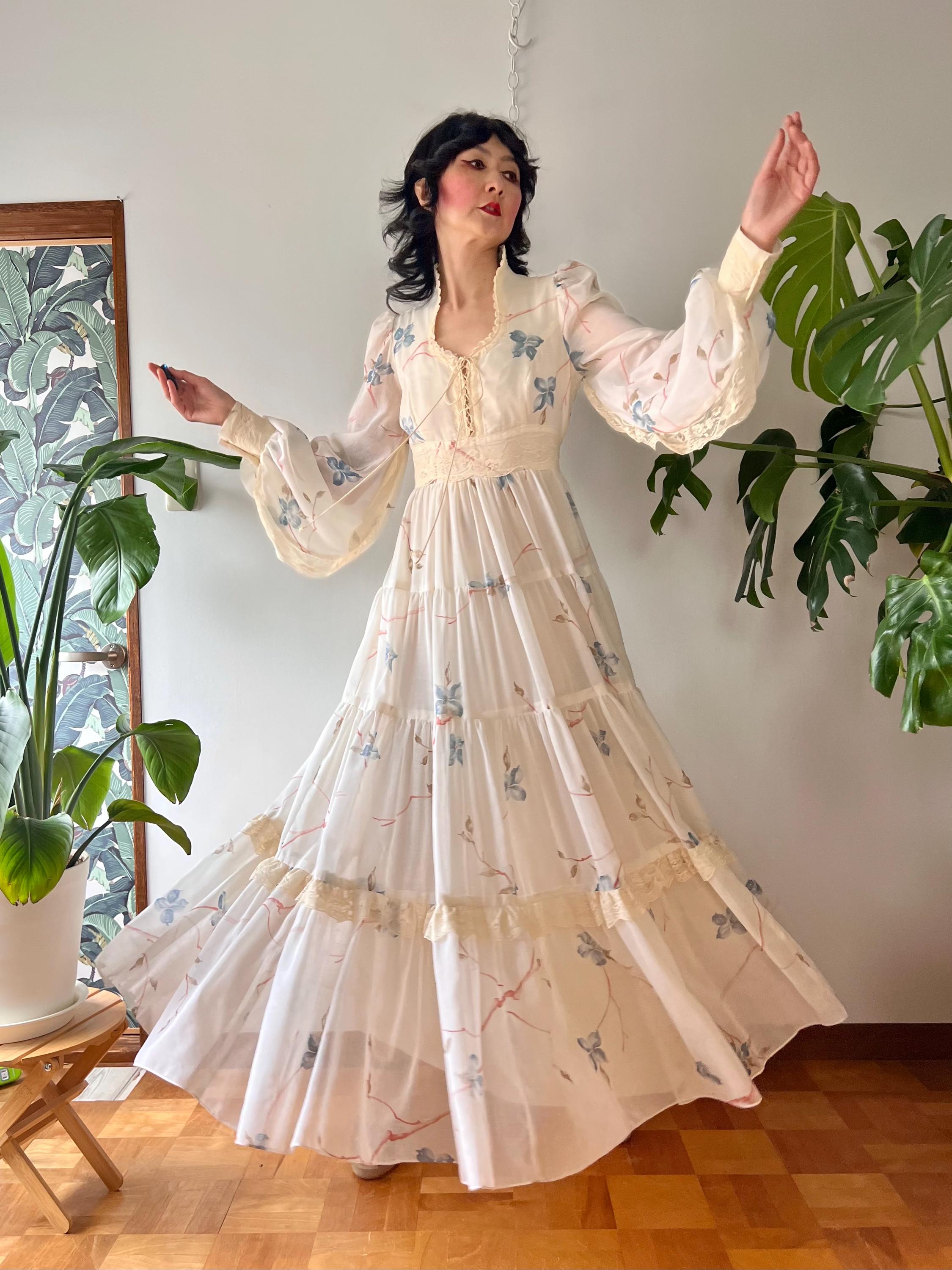 RARE 1970s Gunne Sax Dogwood Balloon Sleeve Lace up Corset Prairie Maxi ...