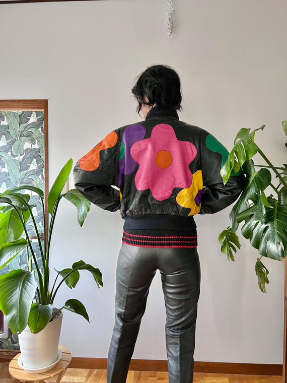 1980s Leather Patchwork Daisy Bomber Jacket |XS-M… - image 12