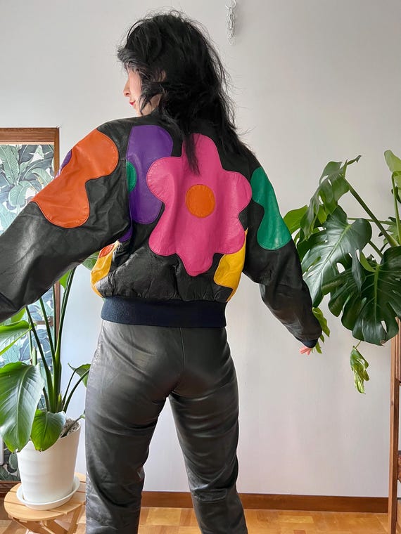 1980s Leather Patchwork Daisy Bomber Jacket |XS-M… - image 5