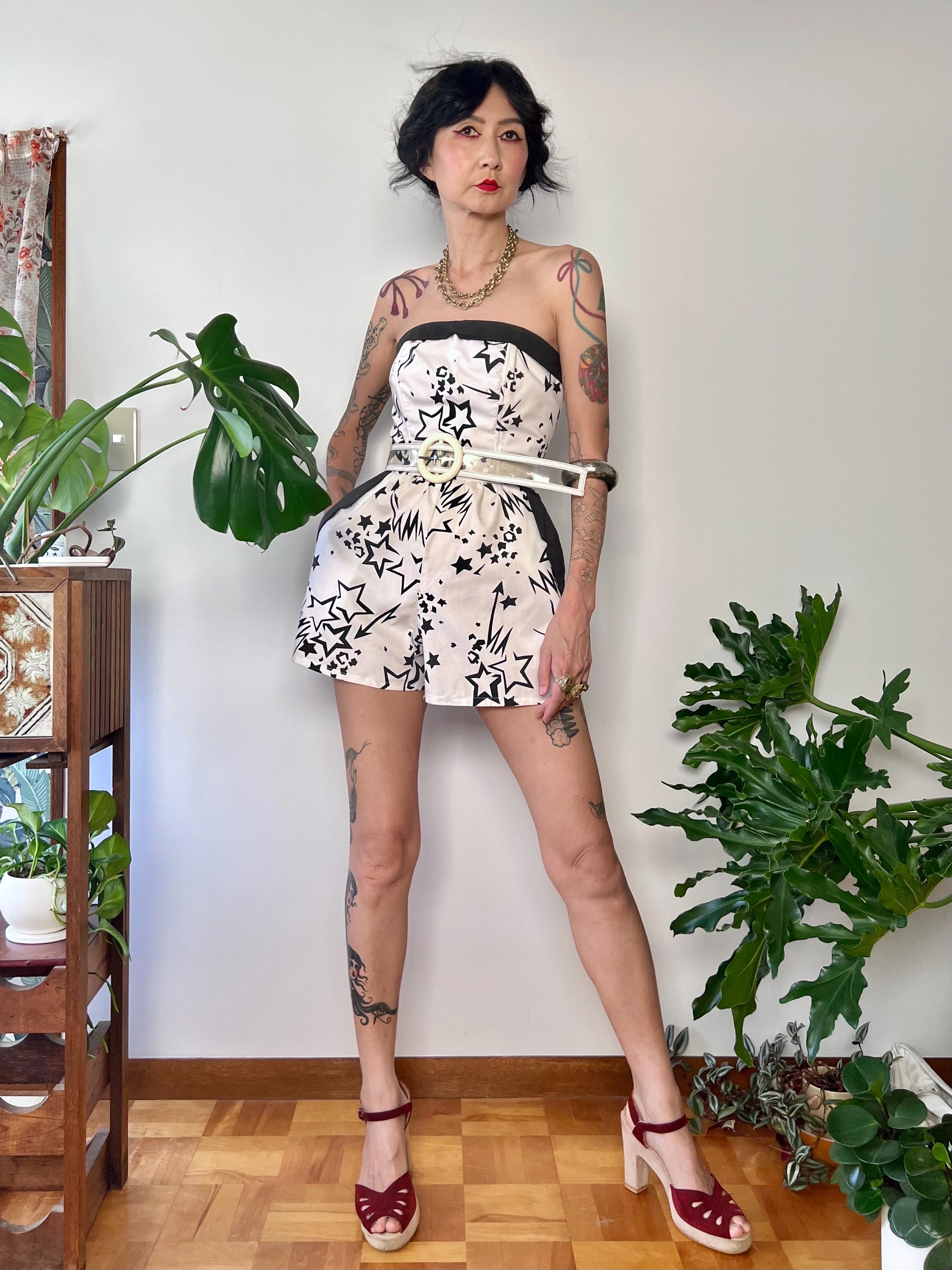 1980s Star Print Strapless Romper Punk Rock Playsuit Tube Top Mini Shorts by Shadows Ltd | Wired Bust | XS Small | Rockabilly Festival Rave