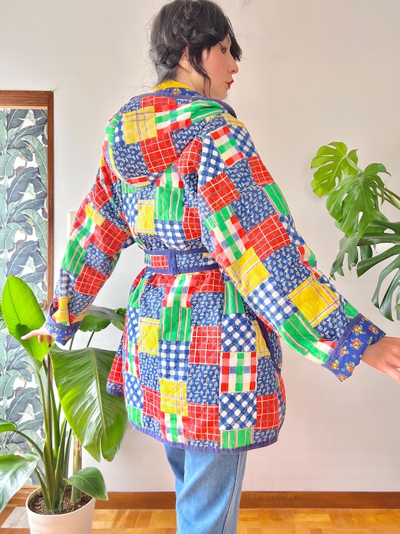 1970s Quilted Patchwork + Calico Reversible Hoode… - image 3