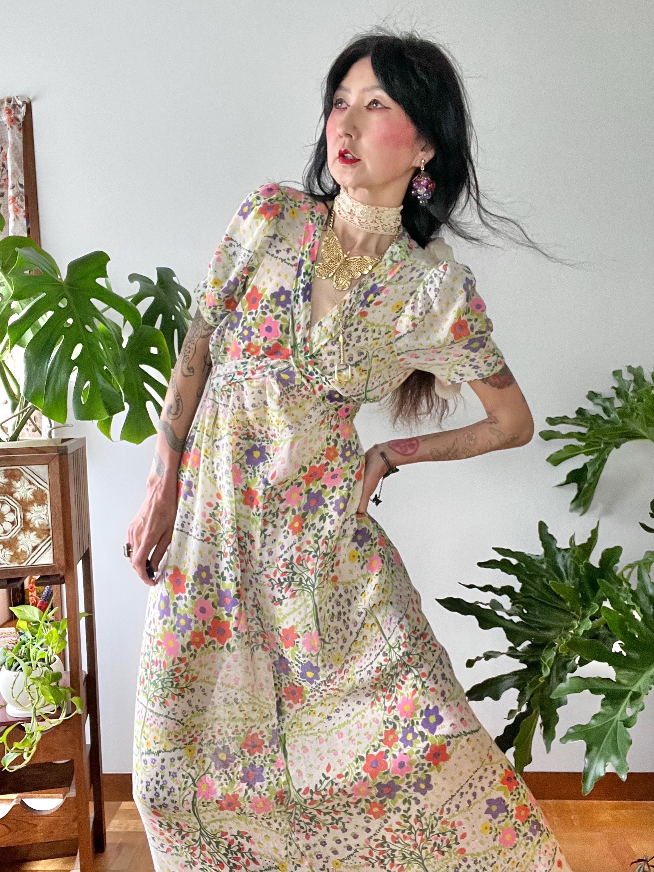 Vintage 70s India Gauze Dress Blue Floral Dress Indian