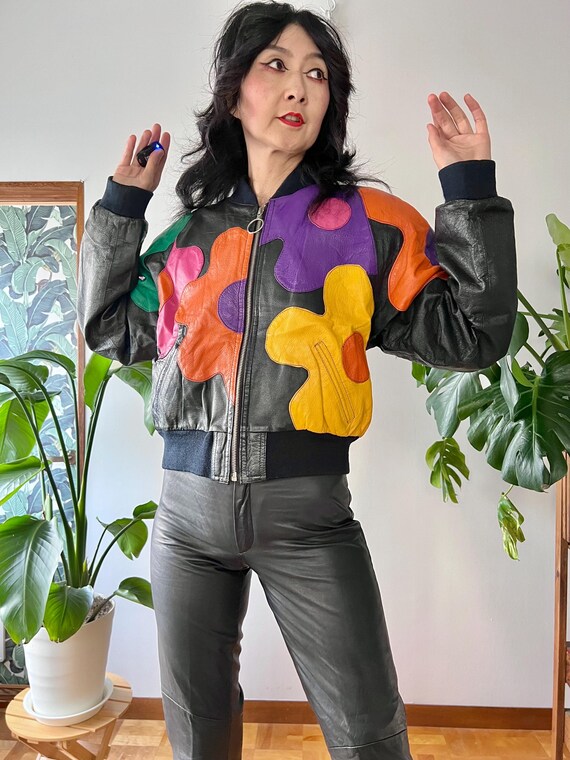 1980s Leather Patchwork Daisy Bomber Jacket |XS-M… - image 4