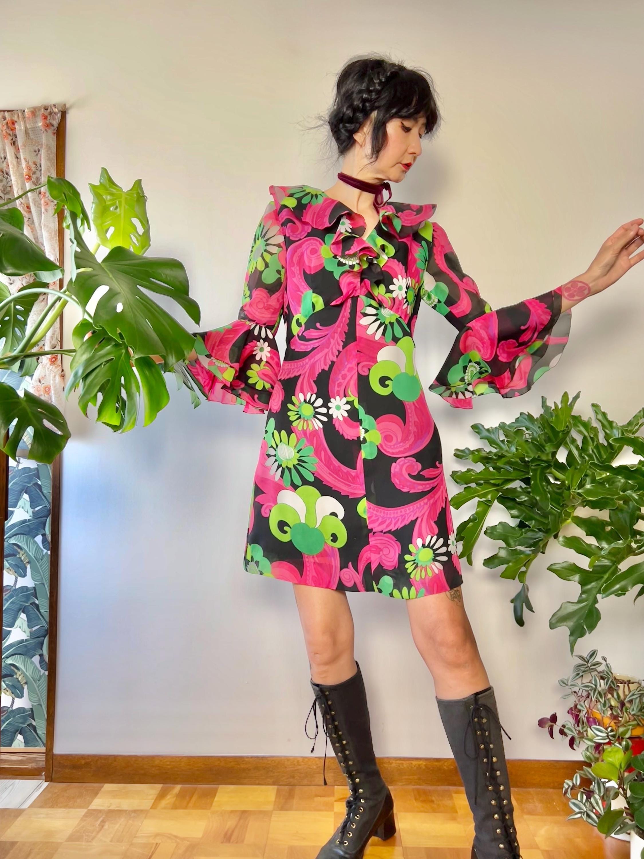 1960s Mohr Kleider MOD Psychedelic Bell Sleeve Chiffon Mini Dress