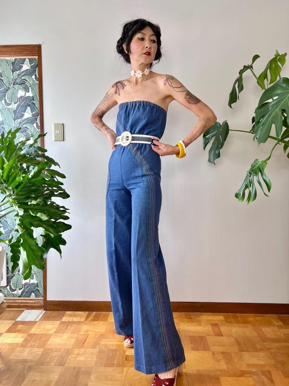 1970s Happy Legs Rainbow Chain Stitch Denim Jumpsuit Strapless Tube Top Wide Leg Flare | XS S | Disco Festival Roller Boogie Glam - Etsy 1970s Happy Legs Rainbow Chain Stitch Denim Jumpsuit Strapless Tube Top Wide Leg Flare | XS S | Disco Festival Roller Boogie Glam - Etsy