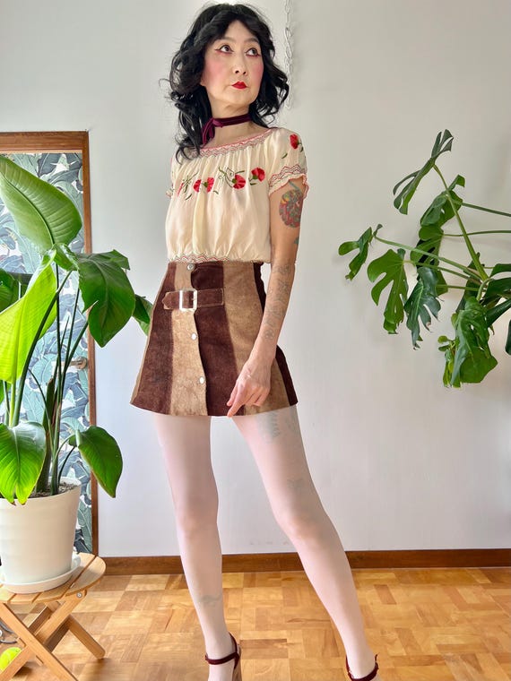 1960s Mod Suede Patchwork Colorblock Mini Skirt W… - image 1