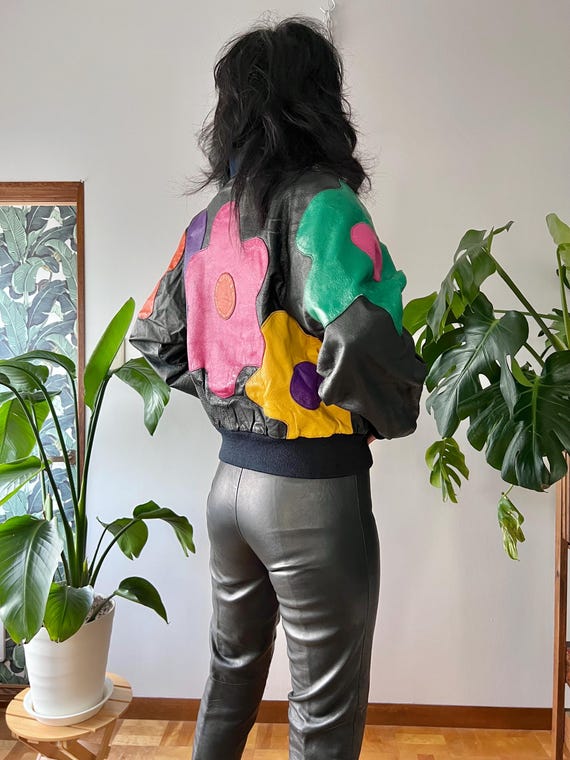 1980s Leather Patchwork Daisy Bomber Jacket |XS-M… - image 2