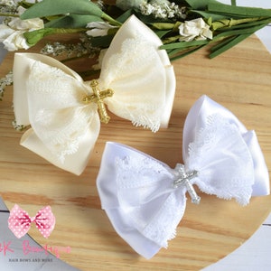 Baptism hair bow, White Christening Hair Bow, christening headband, silver or gold cross hair bow, Ivory baptism bow, 1st communion hair bow
