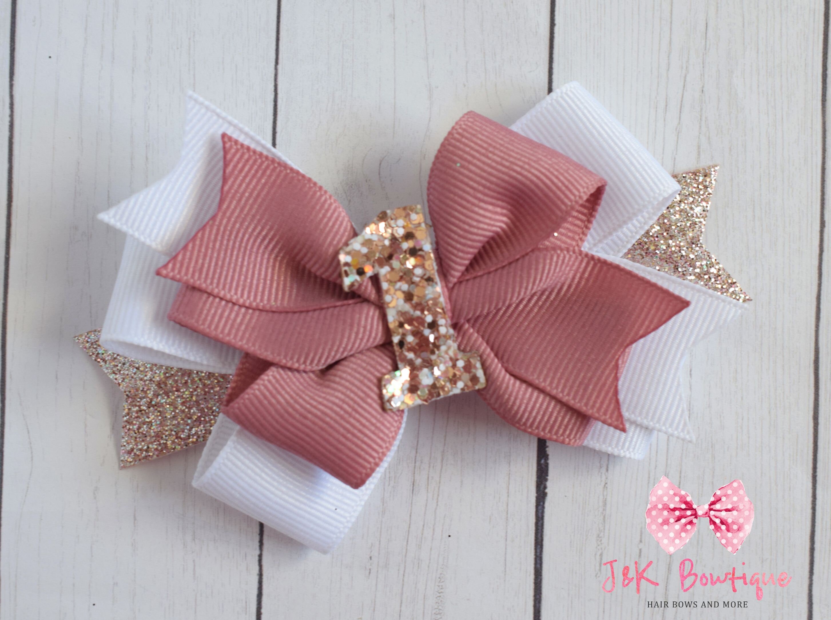 Mauve and Rose Gold Birthday hair bow, Boutique Bow, first birthday h…