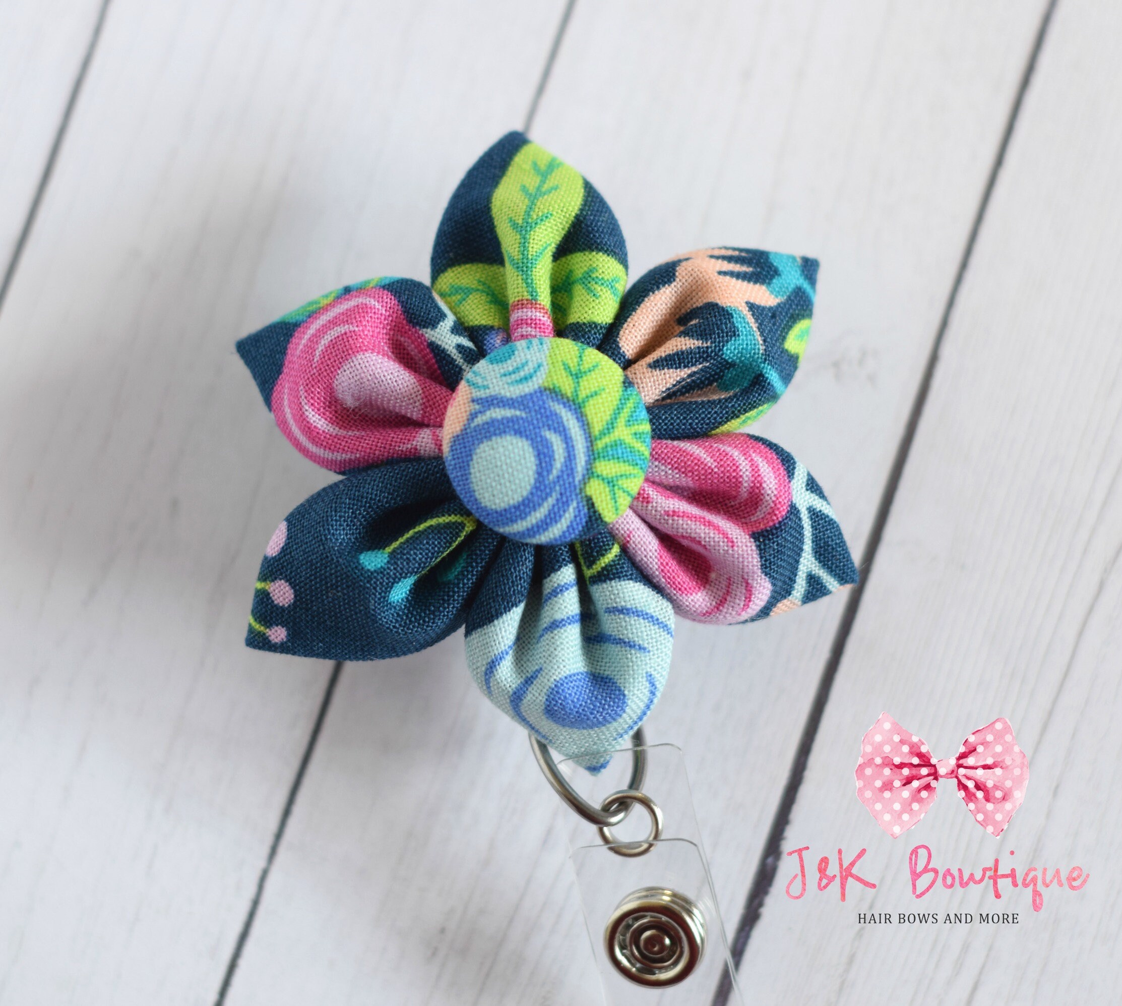 Navy Floral Badge Reel fabric, Fabric flower badge reel, Badge Holder…