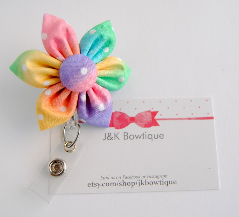 Rainbow Dot Fabric flower badge reel id Badge Holder id Etsy