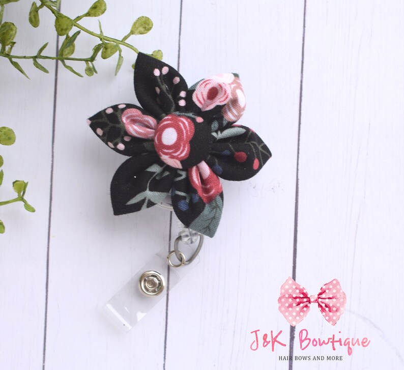 Badge Reel Fabric Flower Badge Reel Sweet Floral on Black Etsy