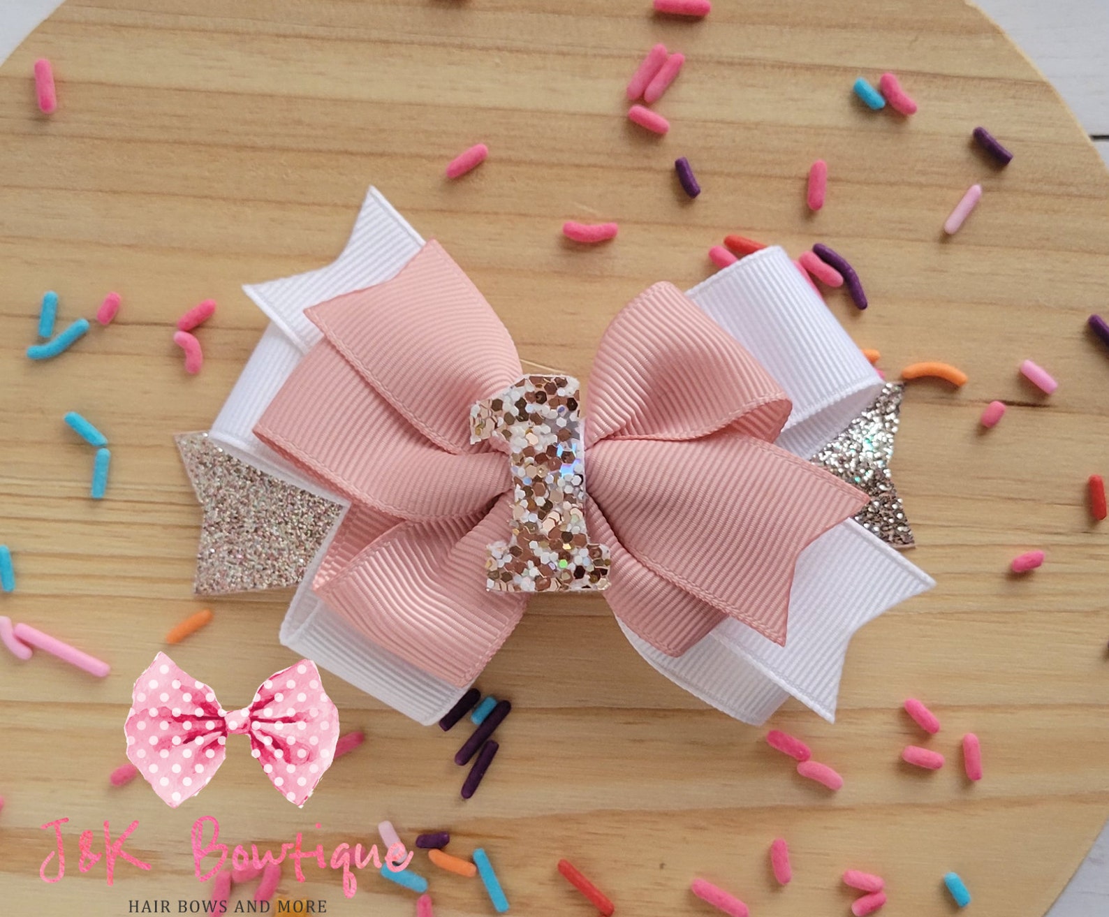 Birthday Hair Bow Rose Gold Pink White Boutique Bow First Etsy