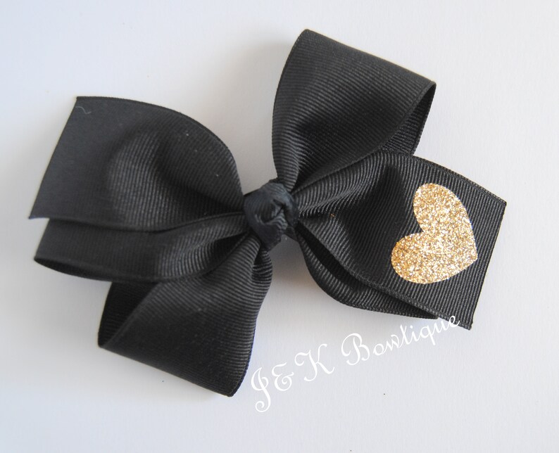 Black And Gold Heart Bow Large Hair Bow Black Hair Clip Etsy