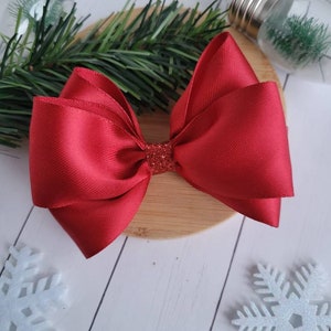 The Suzanne Red Bow Big, Double Layered Bright Christmas Red Hair Clip,  Holiday Hair Accessory 