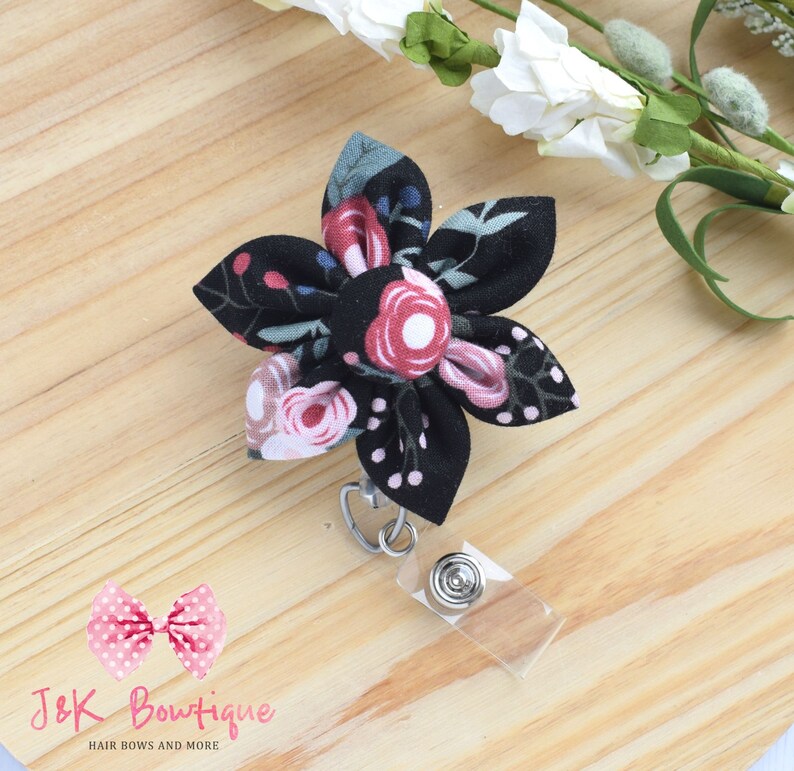 Badge Reel Fabric Flower Badge Reel Sweet Floral on Black Etsy