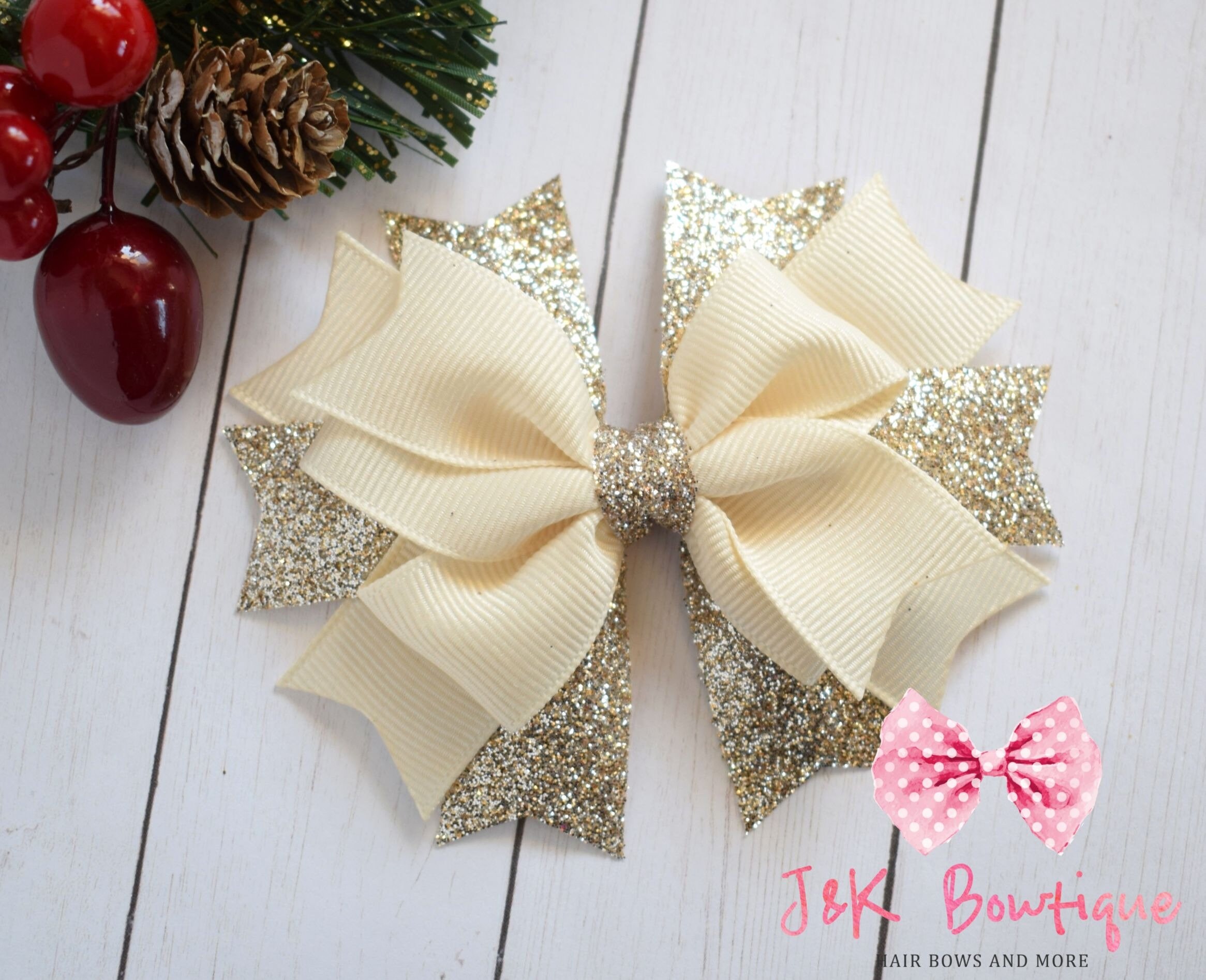 Ivory and champagne boutique bow, Ivory bow, 4" hair bow, Christ…