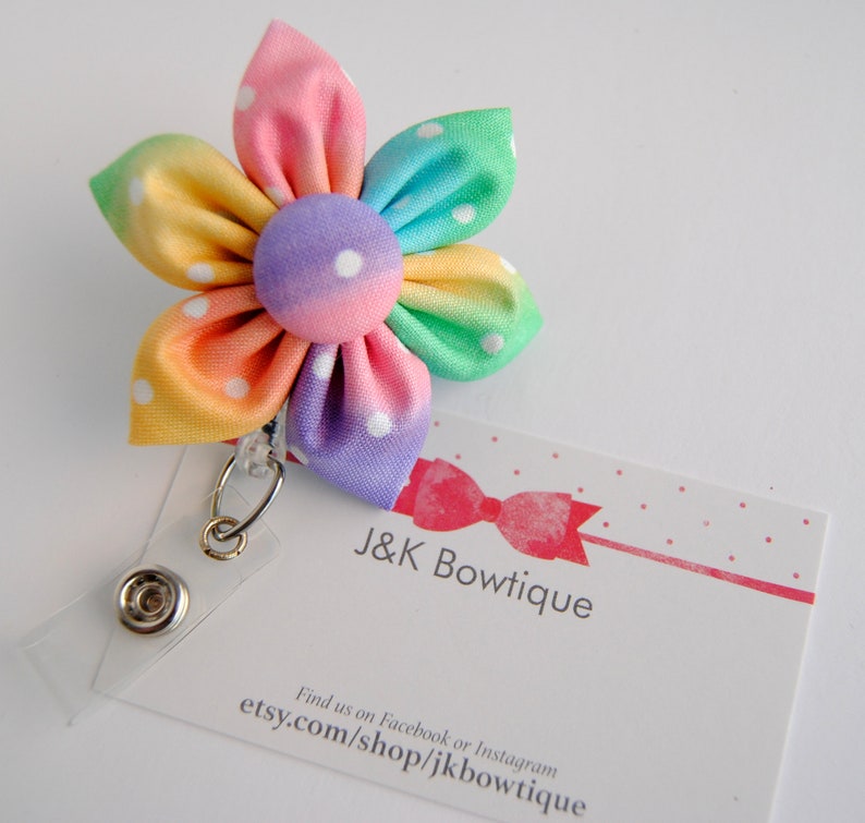 Rainbow Dot Fabric flower badge reel id Badge Holder id Etsy