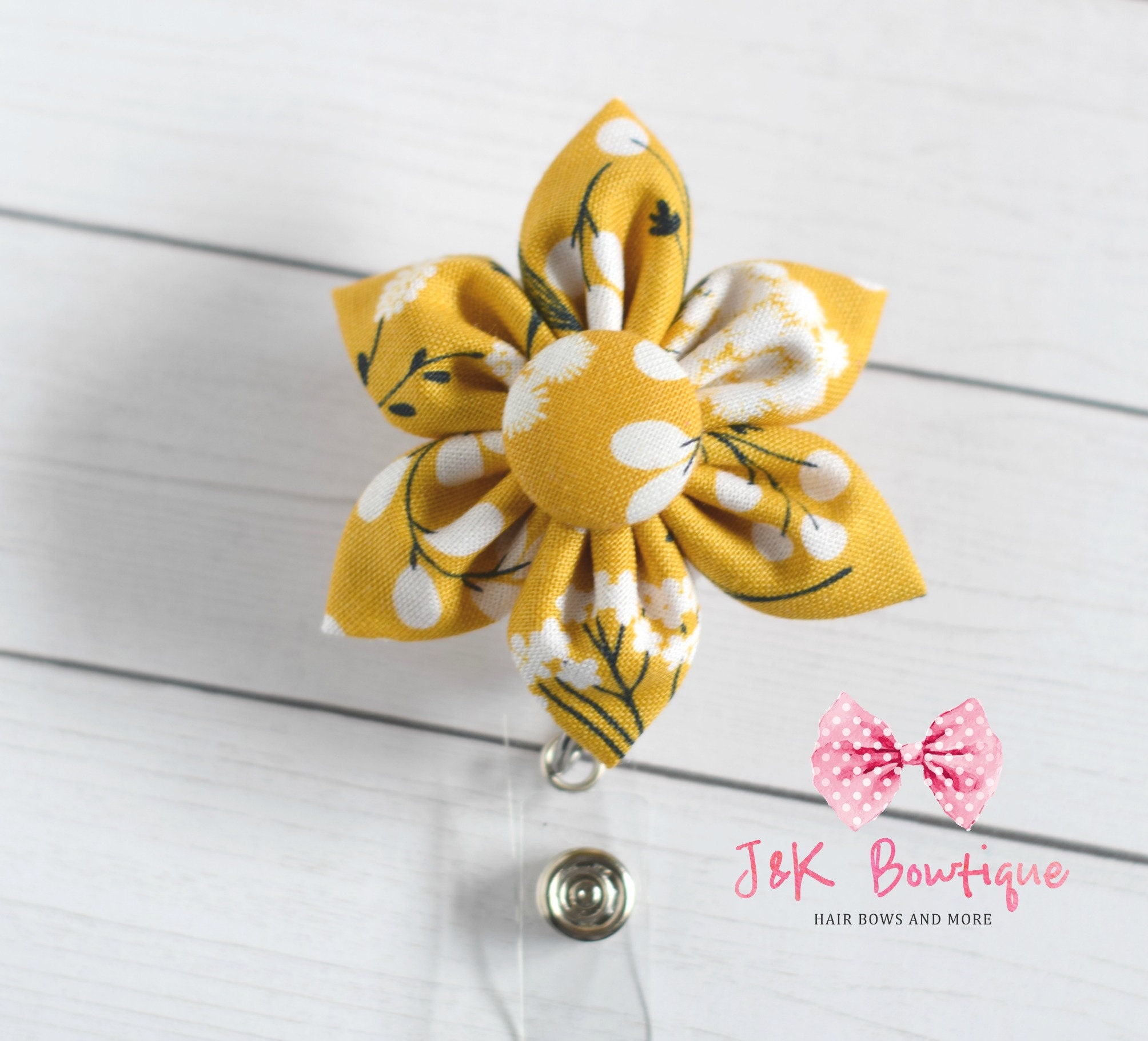 Mustard Flower badge reel, Fabric flower badge reel, Fall mustard bad…