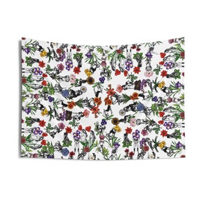 May include: A white tapestry with a repeating pattern of black and white figures holding colorful flowers. The flowers are red, pink, yellow, orange, purple, and blue.