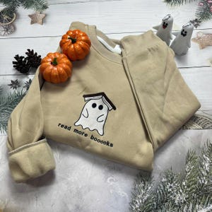 Embroidered Ghost Book Sweatshirt, Read More Booooks Sweatshirt, Fall Crewneck, Book Lover sweatshirt, Spooky Season Pullover, Ghost reading