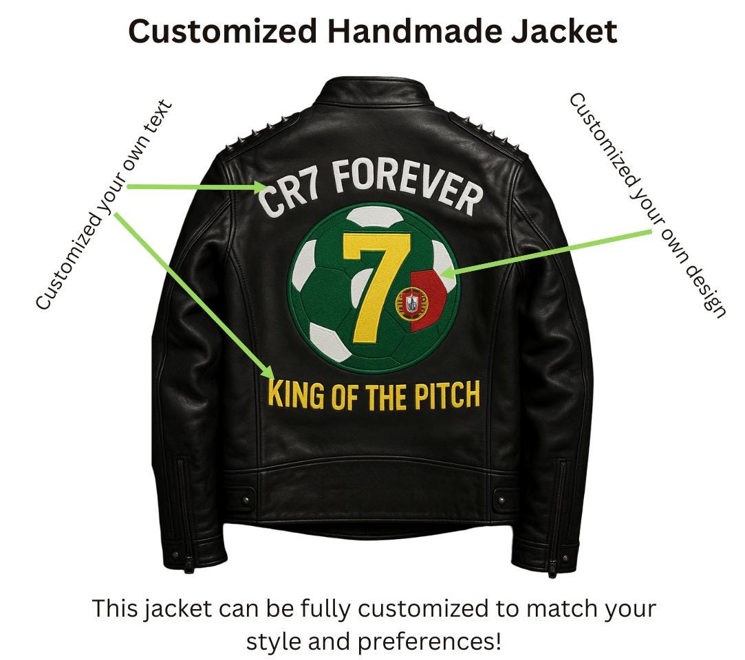 CR7 Leather Biker Jacket: Cristiano Ronaldo Embroidery, Custom