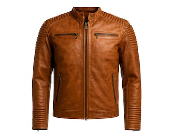 Tan gewatteerd leren bikerjack heren: slim fit motorjack