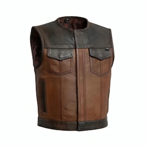 Men&#39;s Brown Leather Biker Vest | Vintage Club Style Sleeveless Jacket | Real Cowhide Western Riding Vest for Men | Custom Handmade Vest
