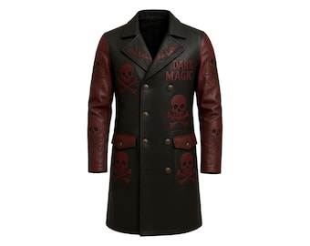 Skull Embossed Gothic Leather Trench Coat: Handmade Steampunk Biker Jacket