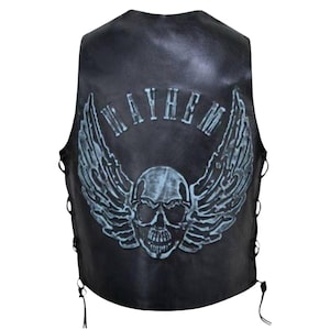 Men&#39;s Black Leather Biker Vest with Skull Patch – Mayhem Motorcycle Vest – Western Retro Goth Rocker Vest – Customized Handmade Vest