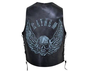 Men's Black Leather Biker Vest: Handmade Skull Patch Motorcycle Vest